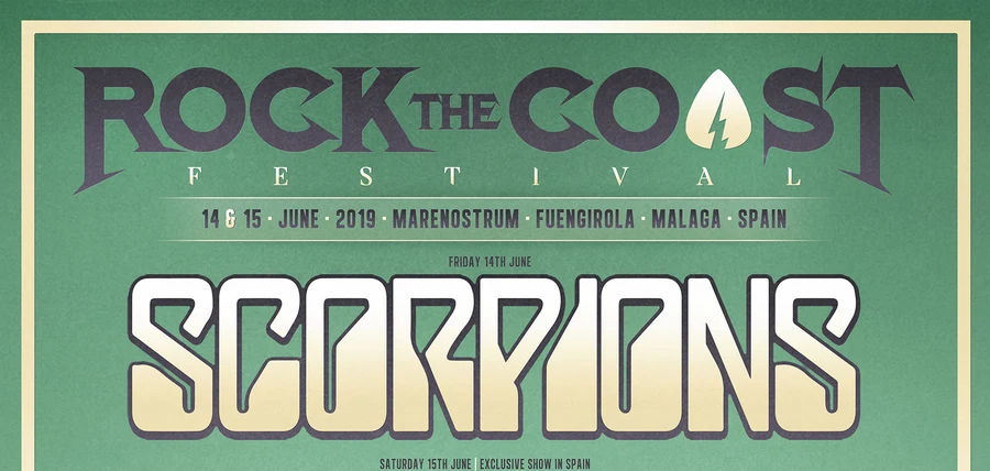 Cartel de Rock the Coast Festival, 14 y 15 de junio de 2019 en Marenostrum Fuengirola (Málaga): Scorpions, Ritchie Blackmore's Rainbow, The Darkness, Opeth, Europe, UFO y más grupos